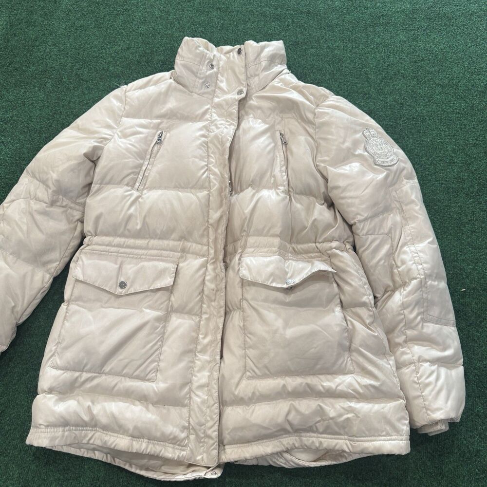 Lauren Ralph Lauren Down Puffer Jacket XL Cream Beige Faux Fur Patch Logo￼